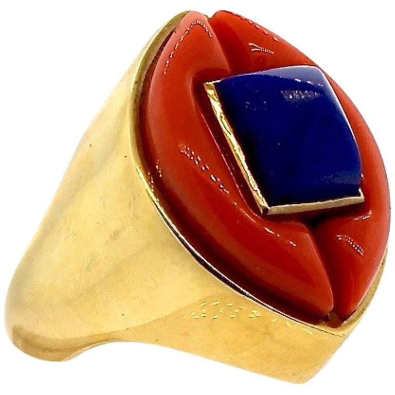 Modernist Gold Lapis and Coral Gold Statement Ring