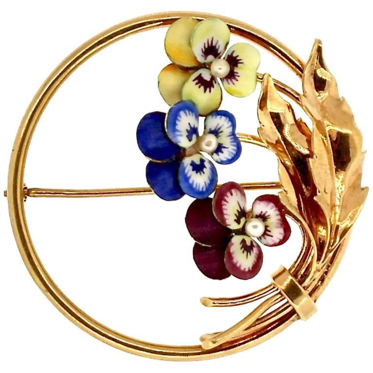 American Antique Gold Enamel Pearl Flower Pansy Pin