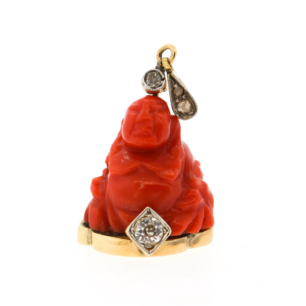 Vintage 18k Gold Carved Coral Diamond Buddha Pendant Charm