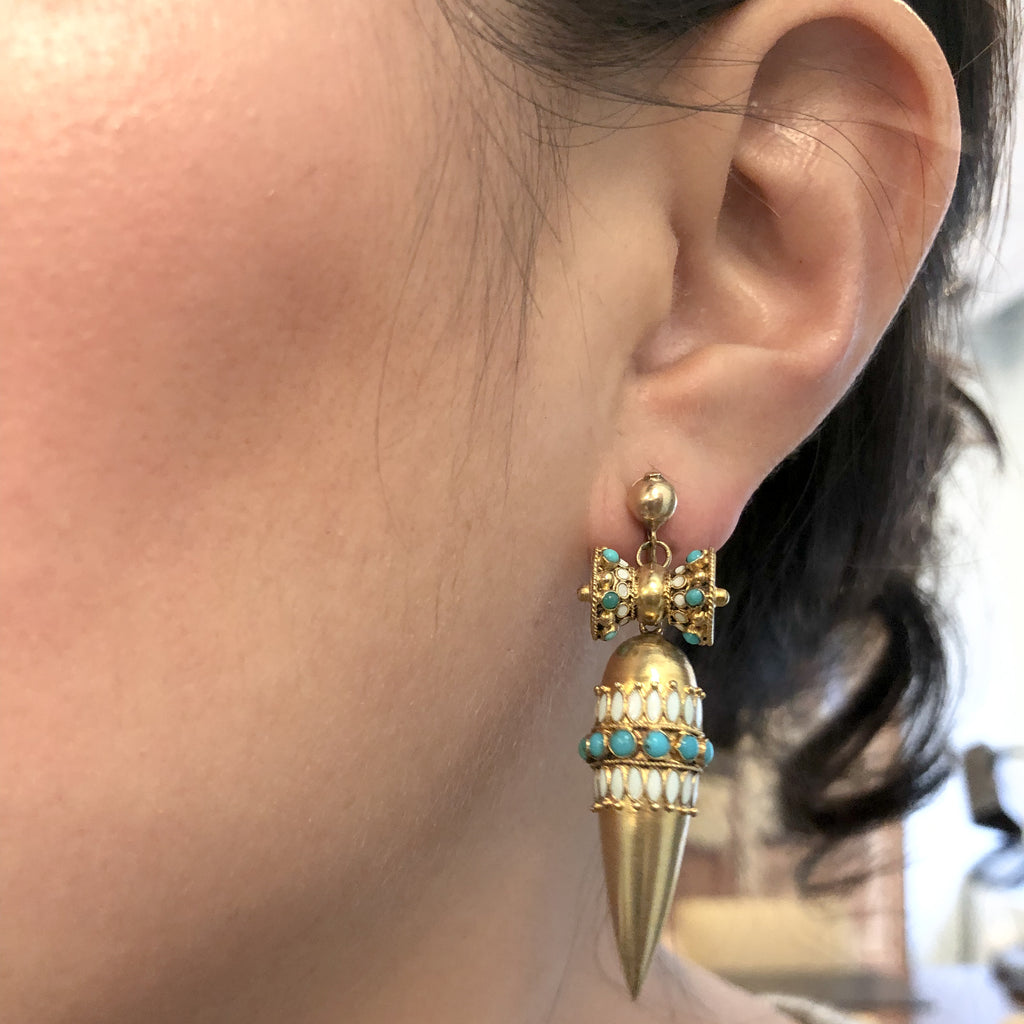Antique 15 Karat Gold Victorian Turquoise Enamel Pendant Dart Earrings