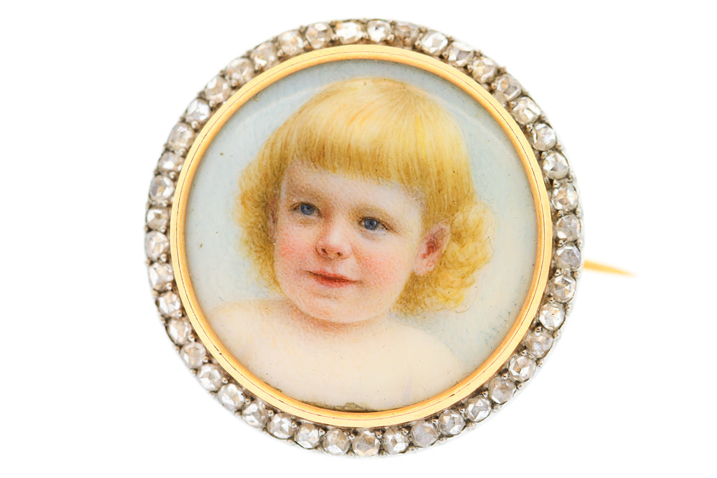 Edwardian Rose Cut Diamond 18k Painted Porcelain Baby Brooch