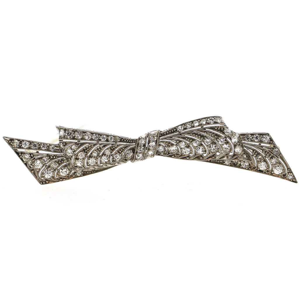 Art Deco Pierced Platinum Diamond Bow Brooch