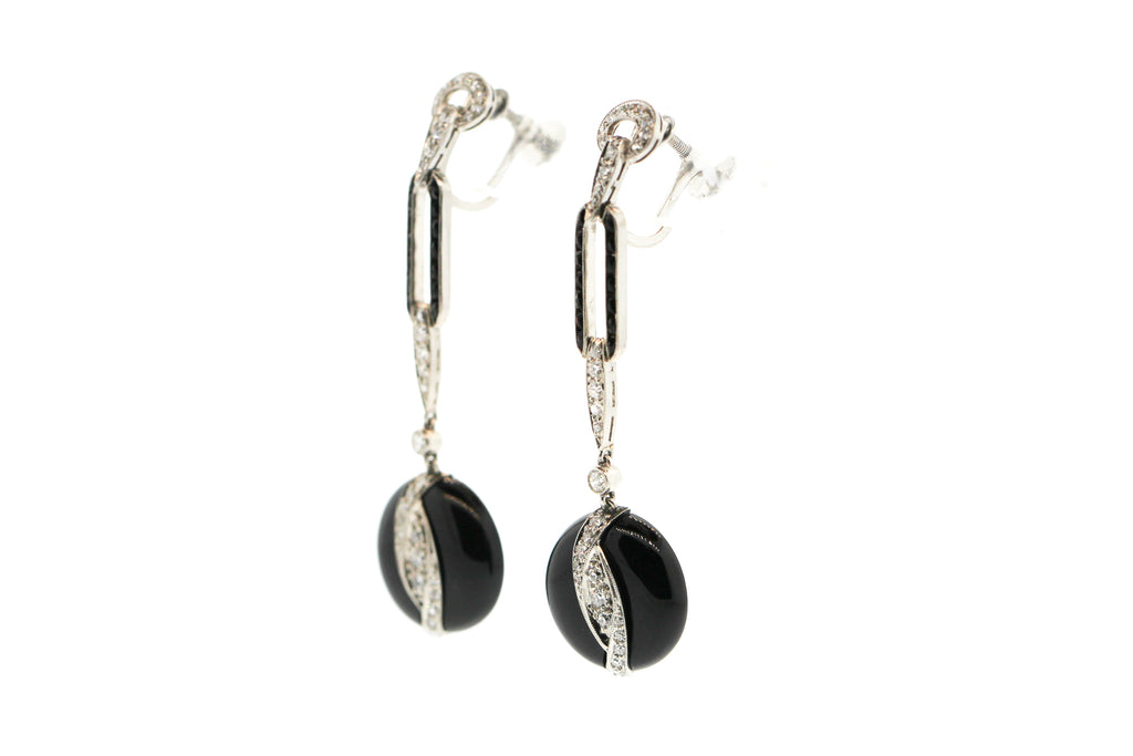 Art Deco Platinum Diamond Black Onyx Dangle Earrings