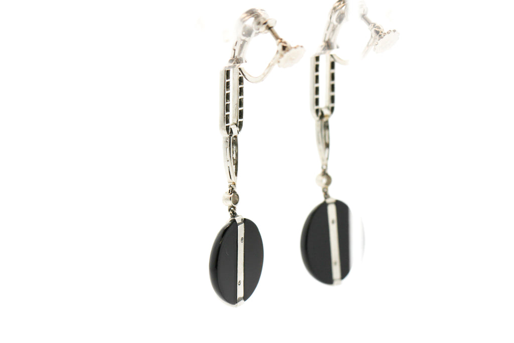 Art Deco Platinum Diamond Black Onyx Dangle Earrings