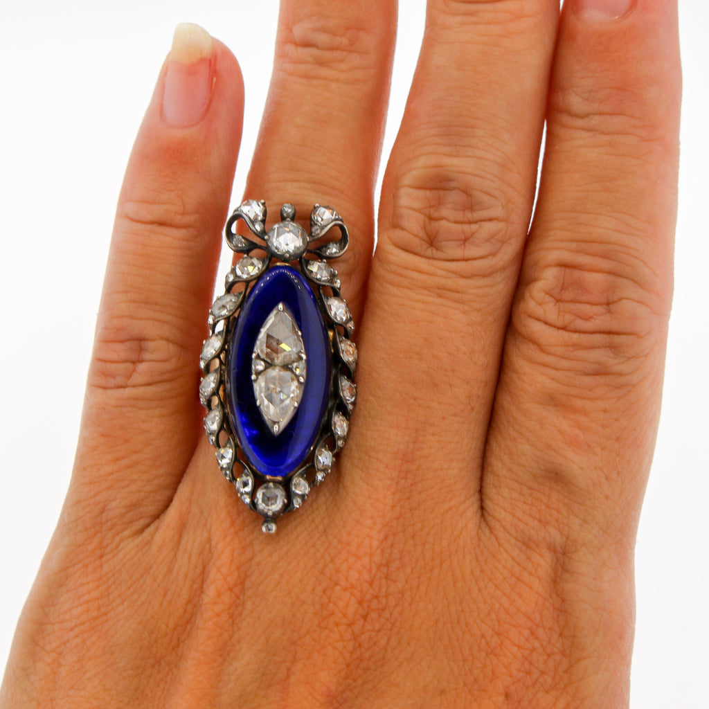 Georgian Rosecut Diamond Blue Glass Gold Navette Ring With Bow