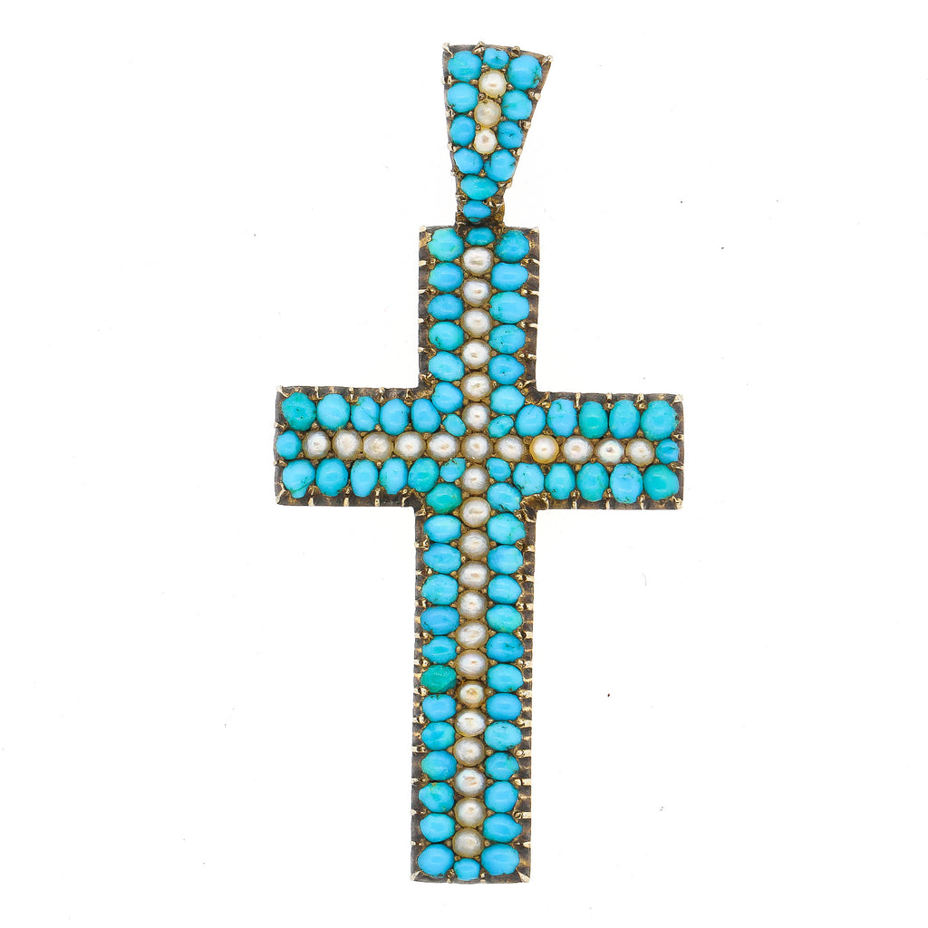 Early Victorian 14 Karat Gold Turquoise Split Pearl Cross Pendant