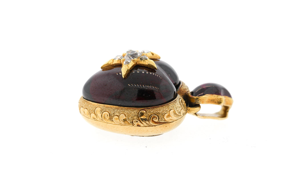 Antique Victorian 18K Gold Cabochon Garnet Diamond Heart Pendant