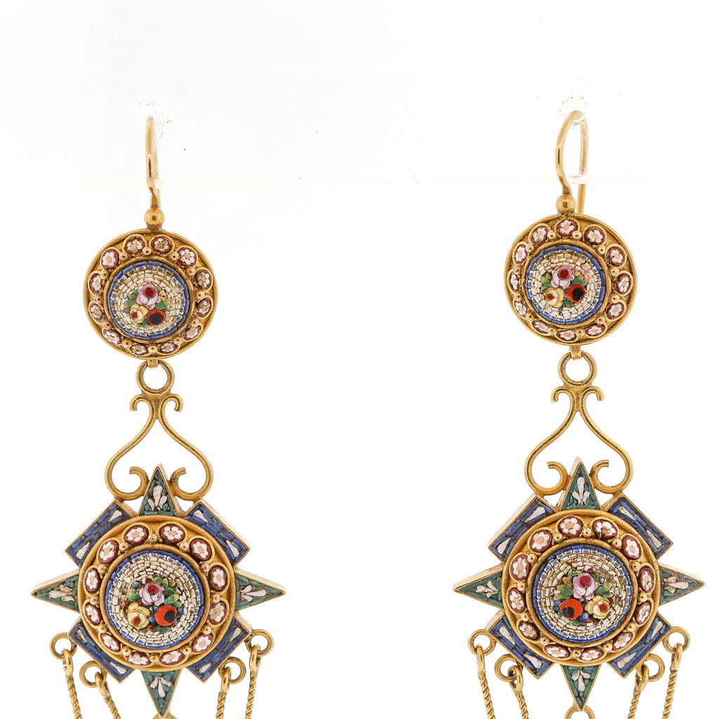 Antique Early 20th Century Micromosaic 14k Gold Pendant Earrings