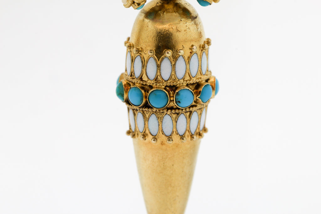 Antique 15 Karat Gold Victorian Turquoise Enamel Pendant Dart Earrings