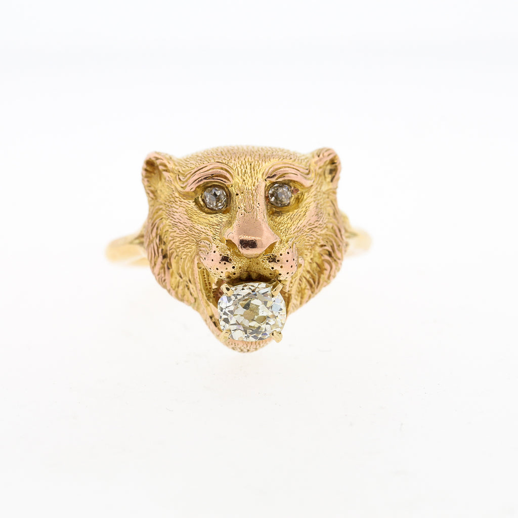 Vintage 18k Yellow Gold Lion Ring with Old Mine Cut Diamond