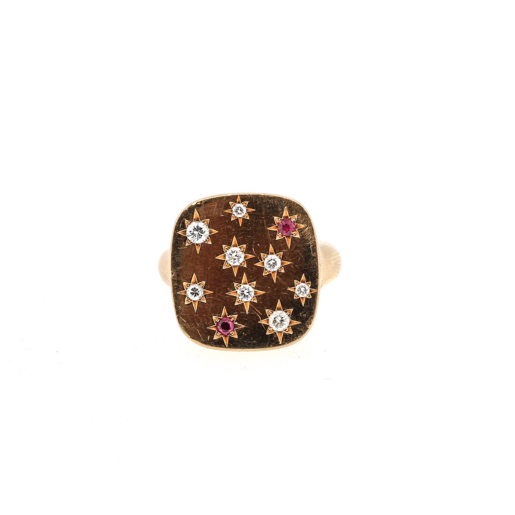 Modern 18k Rose Gold Diamond Ruby Signet Ring