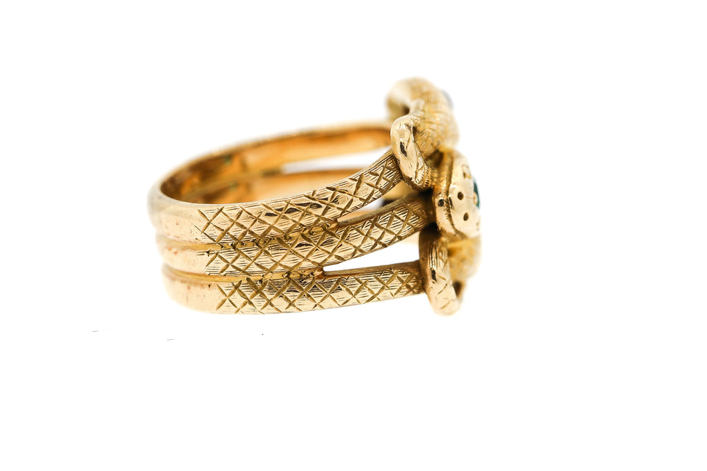 Victorian 18k Gold Diamond Emerald Engraved Triple Snake Ring