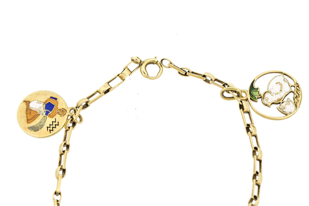 Vintage 1940s 14 Karat Yellow Gold Enamel Charm Bracelet