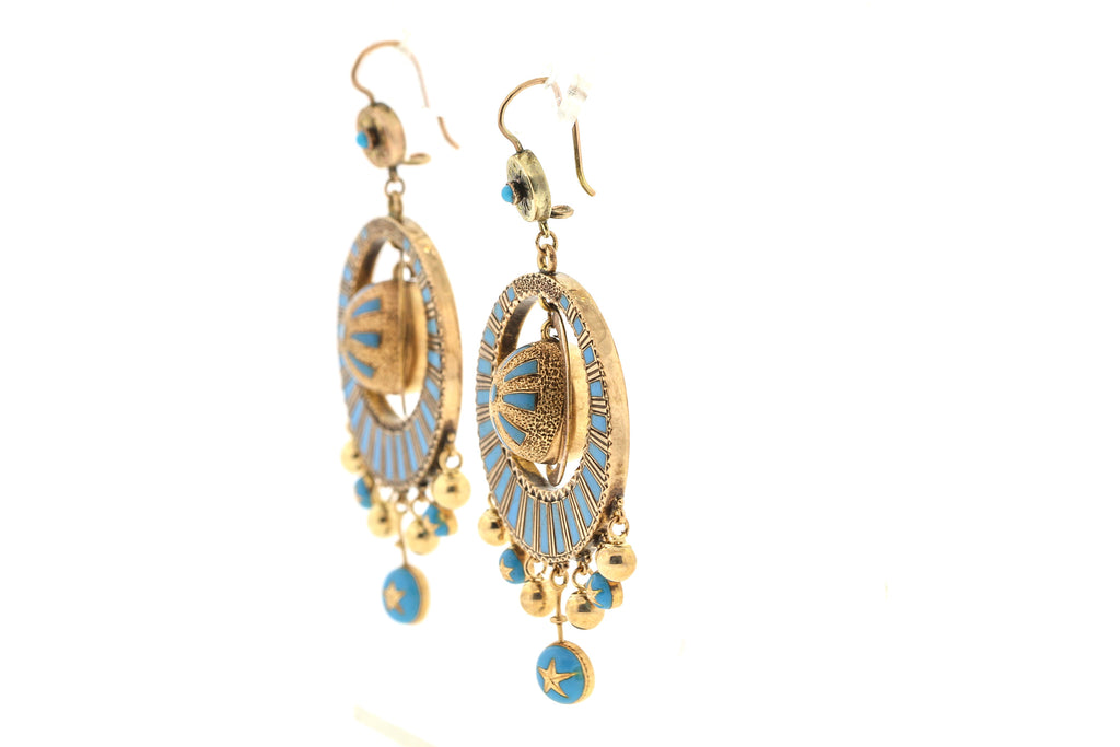Antique Victorian 14 Karat Gold Blue Enamel Dangling Earrings