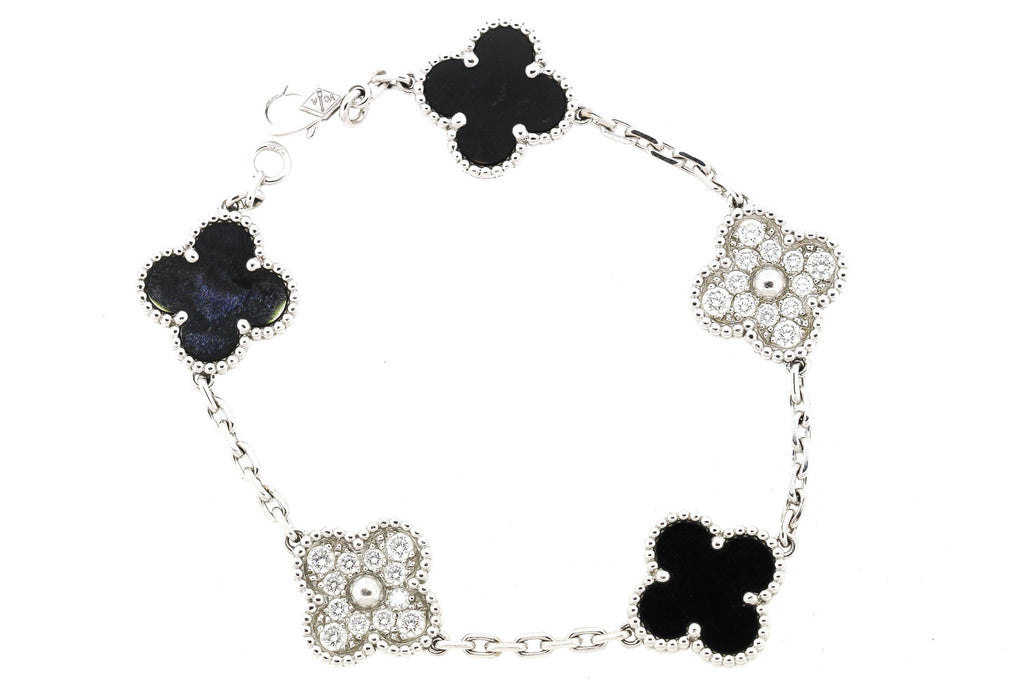 Modern Van Cleef & Arpels Onyx Diamond Alhambra Bracelet