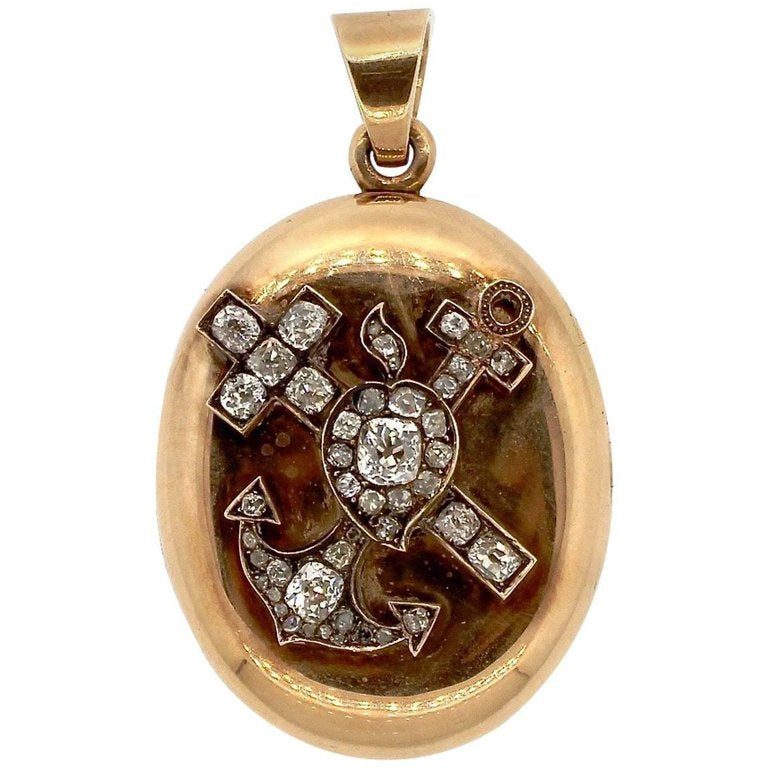 Victorian Faith, Hope and Charity Old Mine Cut Diamond Gold Pendant Locket