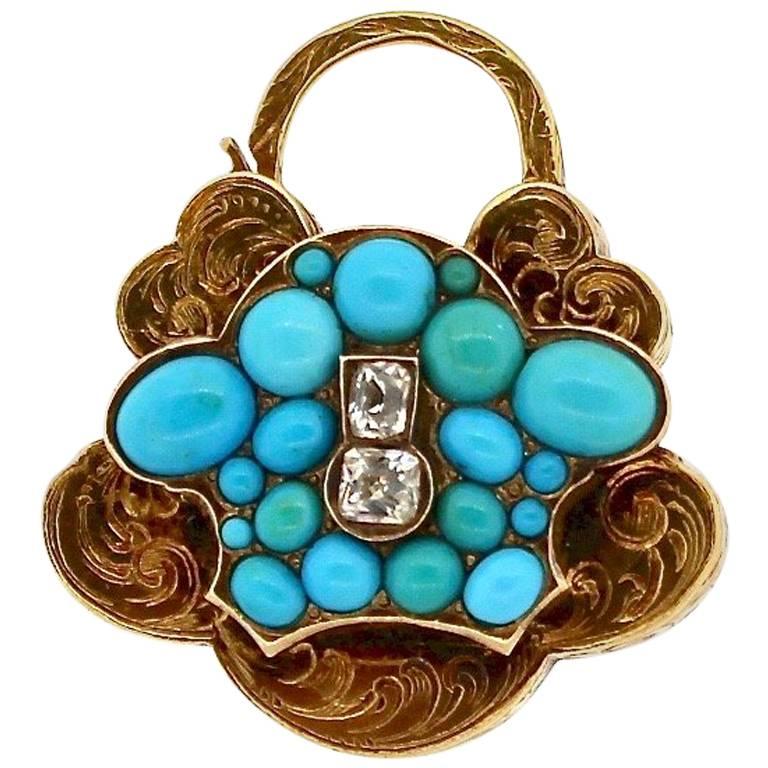 Antique Victorian Turquoise Diamond Gold Padlock Pendant