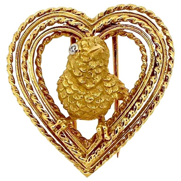 Mid-Century Modern Gold Lovebird Pin by Cartier