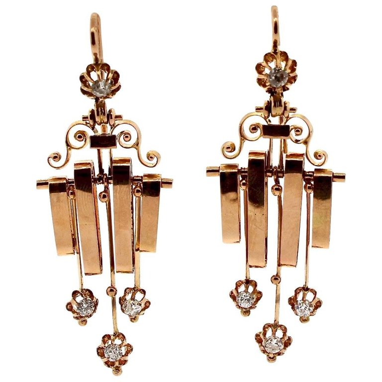 Late Victorian French Rose Gold Diamond Dangling Earrings