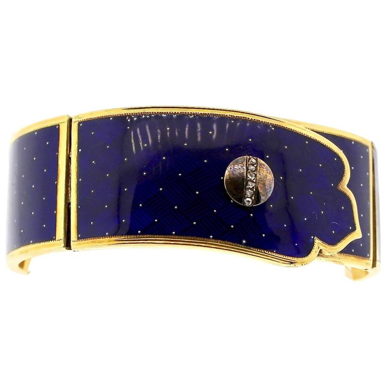 Victorian Blue Guilloché Enamel Gold and Diamond Cuff Bracelet
