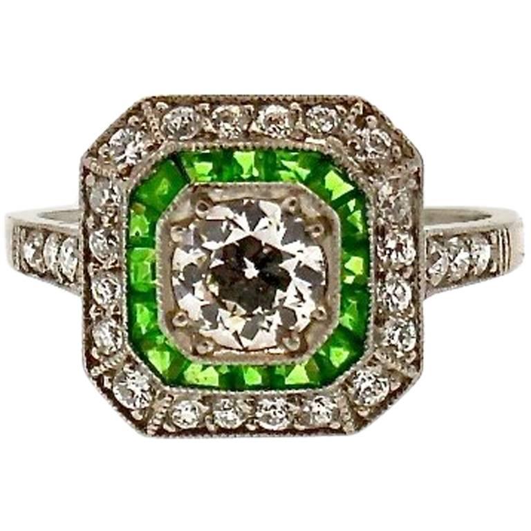 Tiffany & Co Art Deco Demantoid Garnet Diamond Platinum Ring