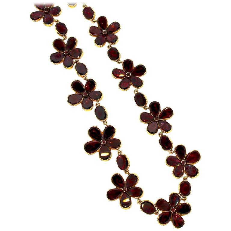 Antique Late Georgian Garnet Flower Riviere Necklace