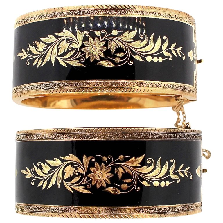 Pair of Antique Victorian Black Enamel Gold Mourning Bangles