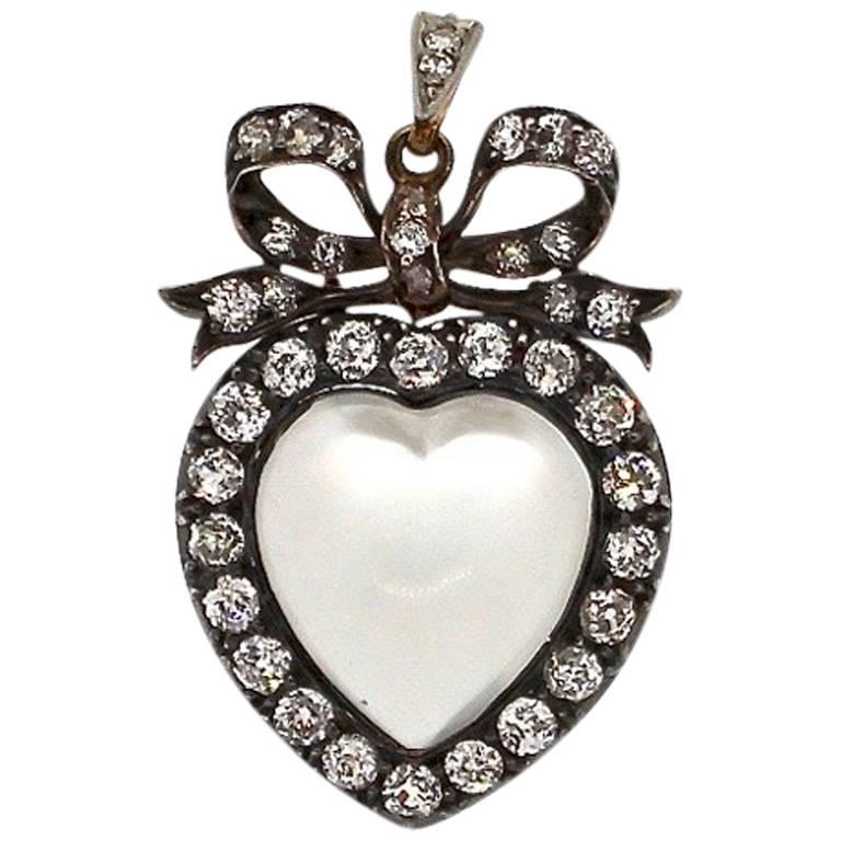 19th Century Silver Topped Gold Moonstone Diamond Heart Pendant