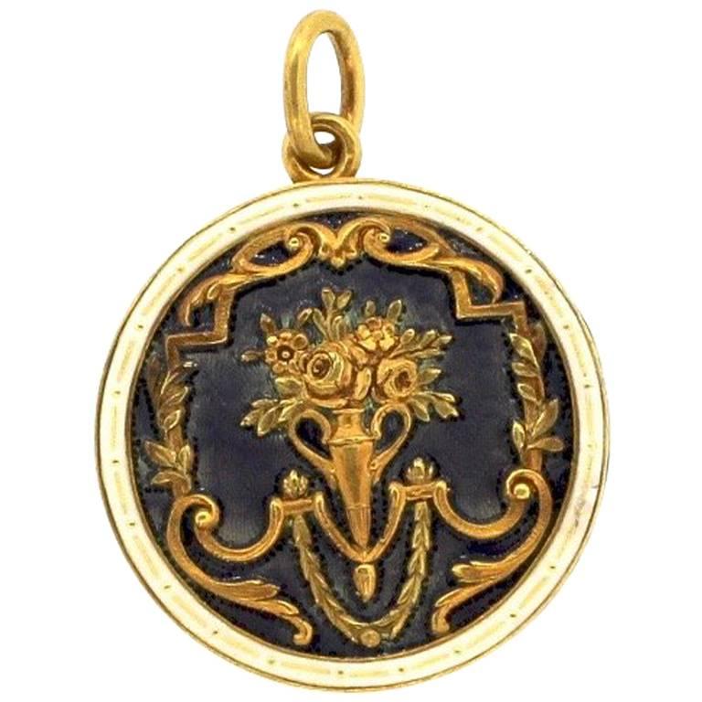 Antique 19th Century Engraved Guilloche Enamel Gold Pendant Locket