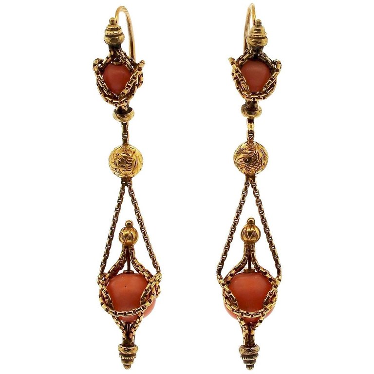 Victorian Etruscan Revival Gold Coral Dangling Earring | Keyamour