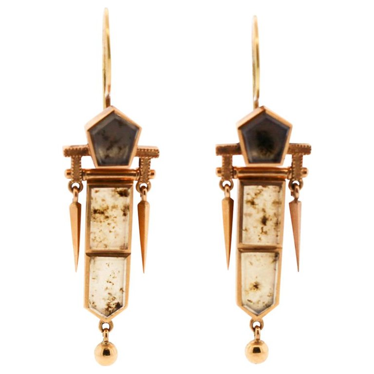 Late Victorian 14 Karat Gold Moss Agate Dart Earrings