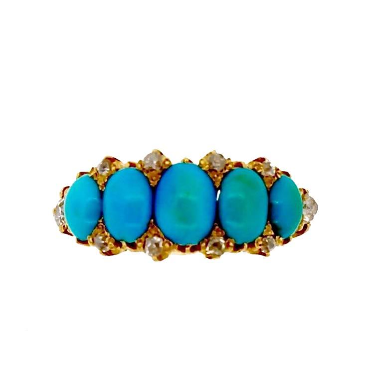 Late Victorian Antique Turquoise and Diamond Gold Half Hoop Ring