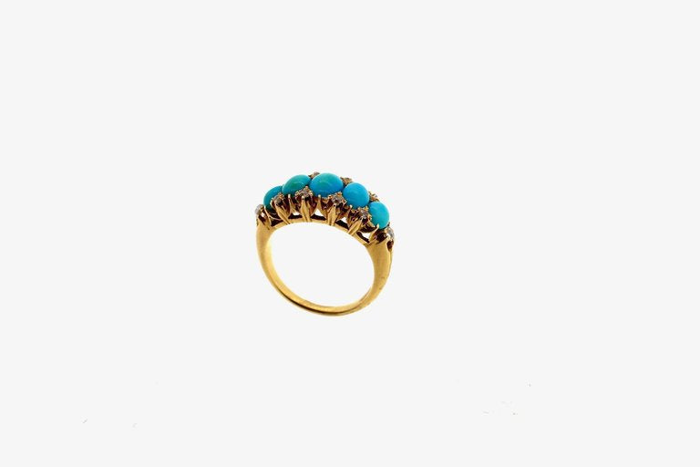 Late Victorian Antique Turquoise and Diamond Gold Half Hoop Ring