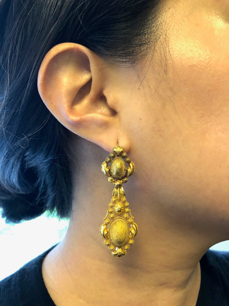 Georgian 18k Gold Cannetille Day Night Pendant Earrings