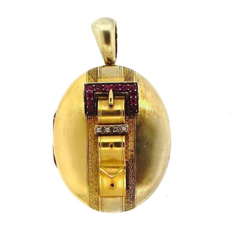 Antique Victorian Buckle Gold Locket with Rubies and Diamonds