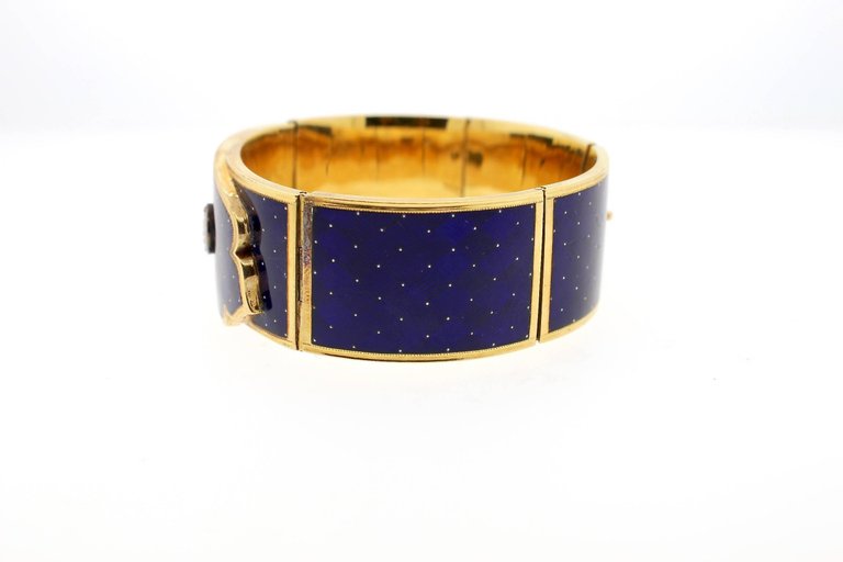Victorian Blue Guilloché Enamel Gold and Diamond Cuff Bracelet