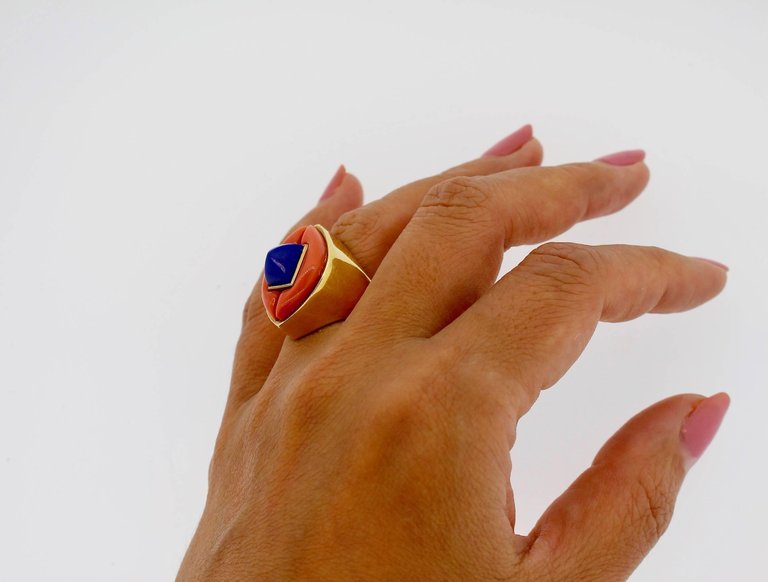 Modernist Gold Lapis and Coral Gold Statement Ring