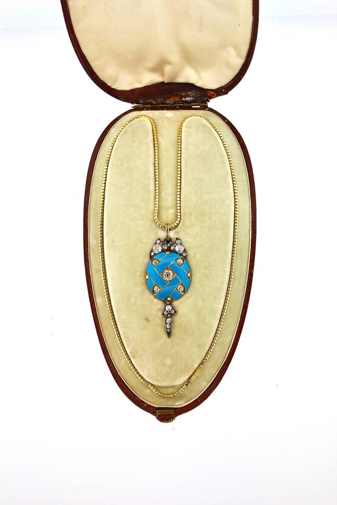Antique Victorian Blue Enamel Old Mine Cut Diamond Pendant Necklace