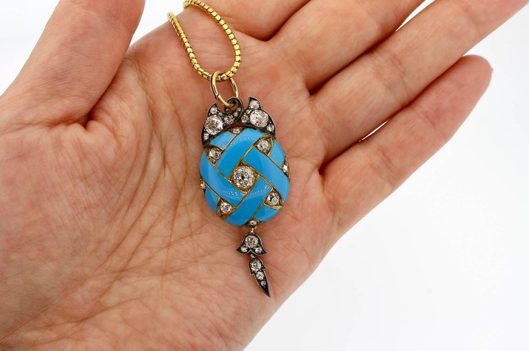 Antique Victorian Blue Enamel Old Mine Cut Diamond Pendant Necklace
