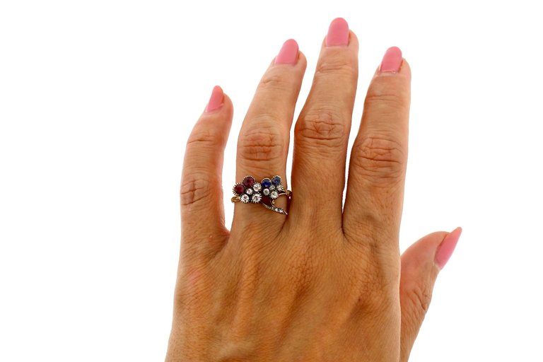 Late Victorian Ruby Sapphire Diamond Pansy Flower Gold Ring