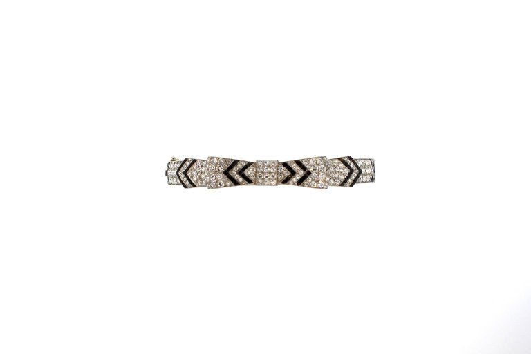 Antique Art Deco Diamond Onyx Platinum Bow Bangle Bracelet