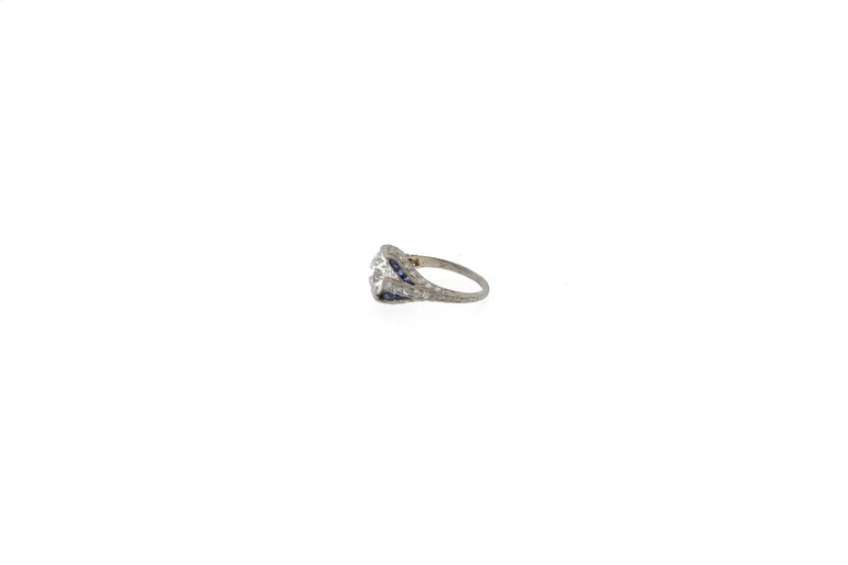 Art Deco Sapphire and GIA Certified I VS2 Old European Cut Diamond Platinum Ring