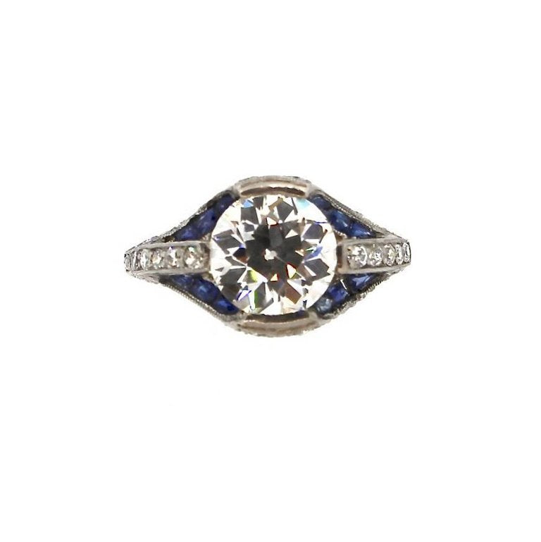 Art Deco Sapphire and GIA Certified I VS2 Old European Cut Diamond Platinum Ring