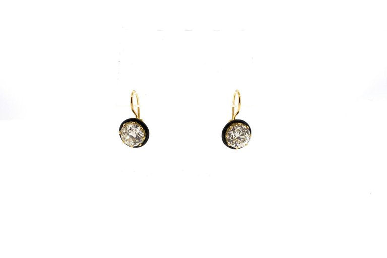 Old European Cut 2.90 and 2.66 Carat Diamond Gold Earrings