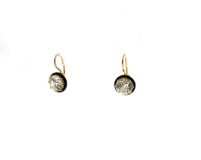 Old European Cut 2.90 and 2.66 Carat Diamond Gold Earrings