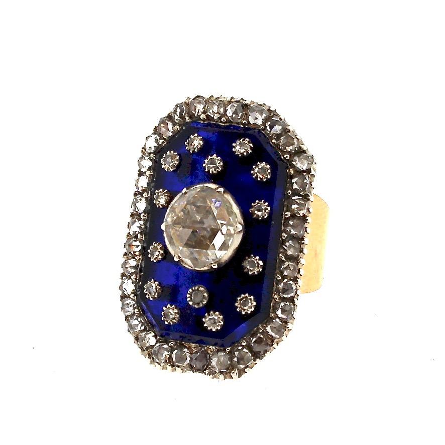 Antique Victorian Gold Rose Cut Diamond Blue Glass Panel Ring