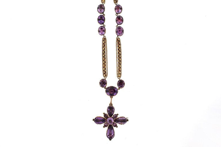 Early Victorian Amethyst Maltese Cross Gold Necklace