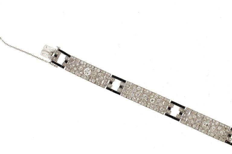 Art Deco Diamond Platinum French Cut Onyx Link Bracelet