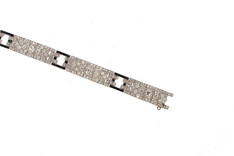 Art Deco Diamond Platinum French Cut Onyx Link Bracelet