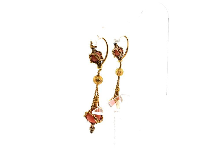Victorian Etruscan Revival Gold Coral Dangling Earring